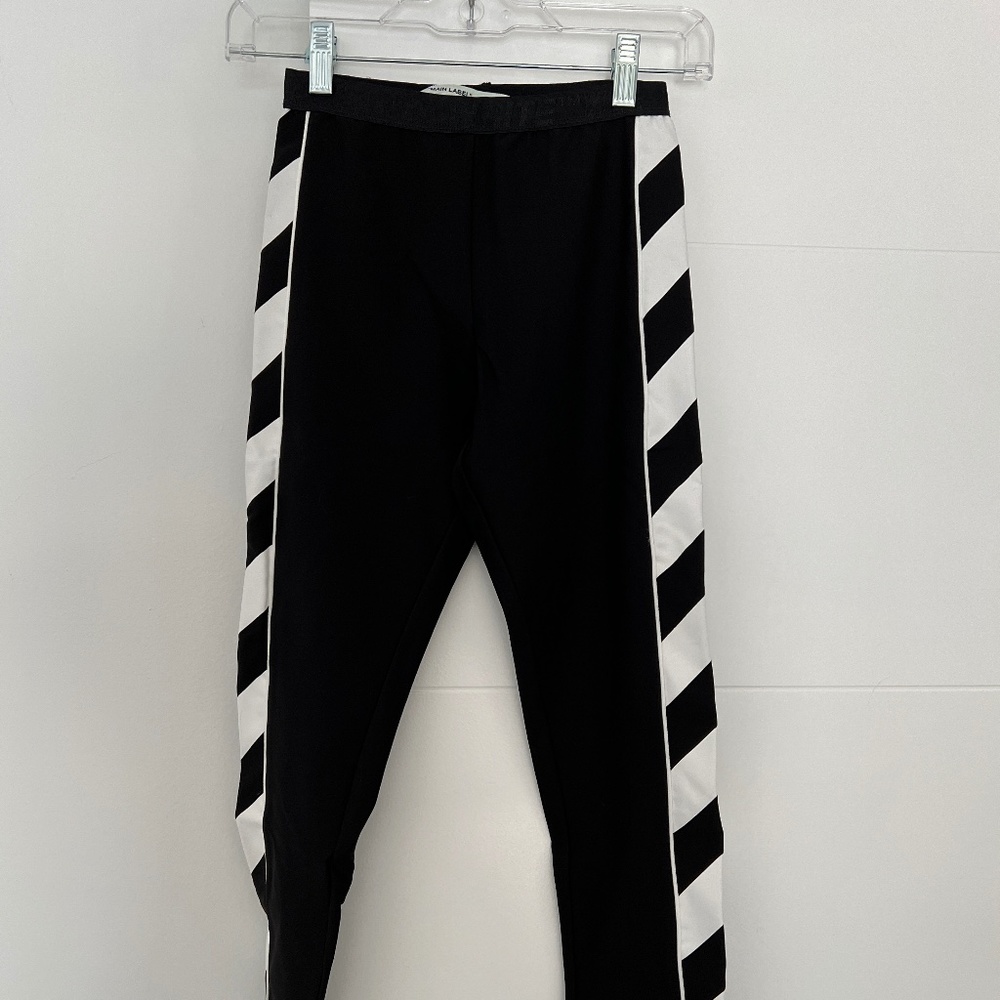 Off-White Black Athletic Leggings B&W Racing Trim Athleisure Pants Sz Small - Picture 1 of 5